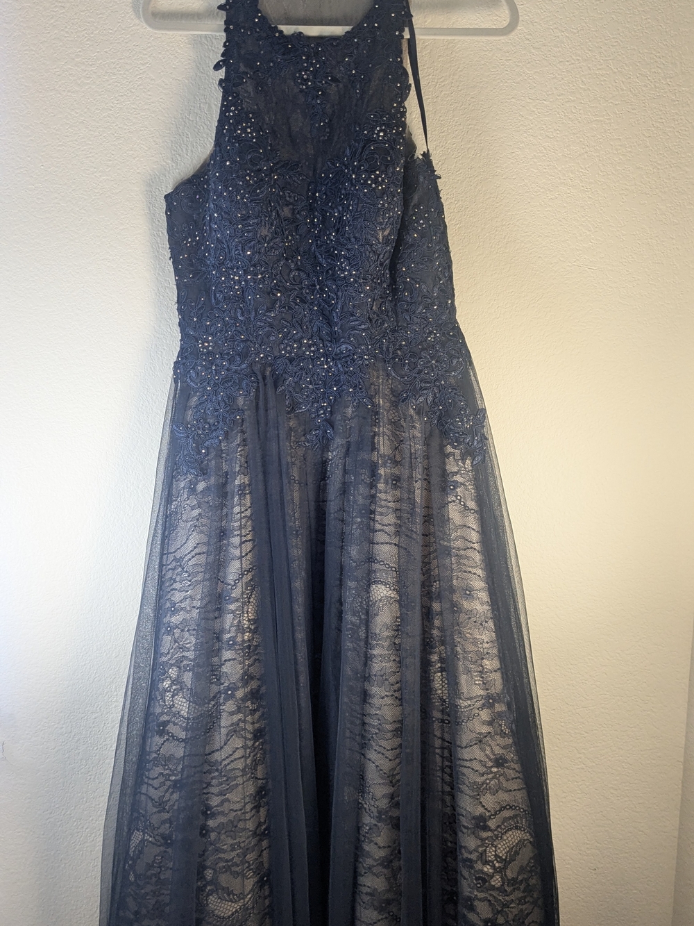XSCAPE Navy Beaded Lace Formal Gown Size 12 Illusion Neck Maxi Dress